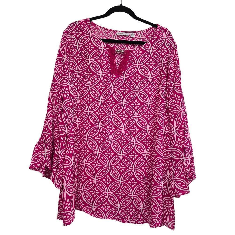Women's Plus Size 2X Tunic Blouse Pink Geometric Print Flared 3/4 Sleeves Boho